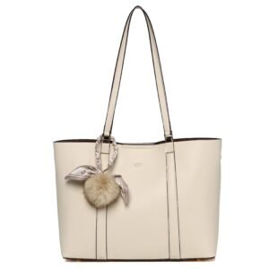 ADDO Cream Shoulder Tote with Pom-Pom Charm